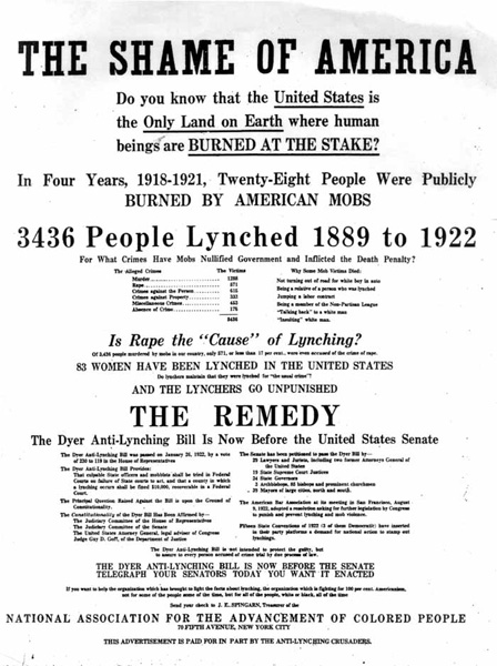 "The Shame of America" NAACP ad in support of Dyer Anti-Lynching Bill, November 1922.