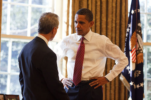 President Barack Obama with Chief of Staff Rahm Emanuel in the Oval Office 2/5/09.