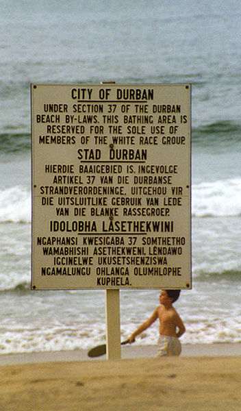 Sign in Durban that states the beach is for whites only under South African apartheid laws.